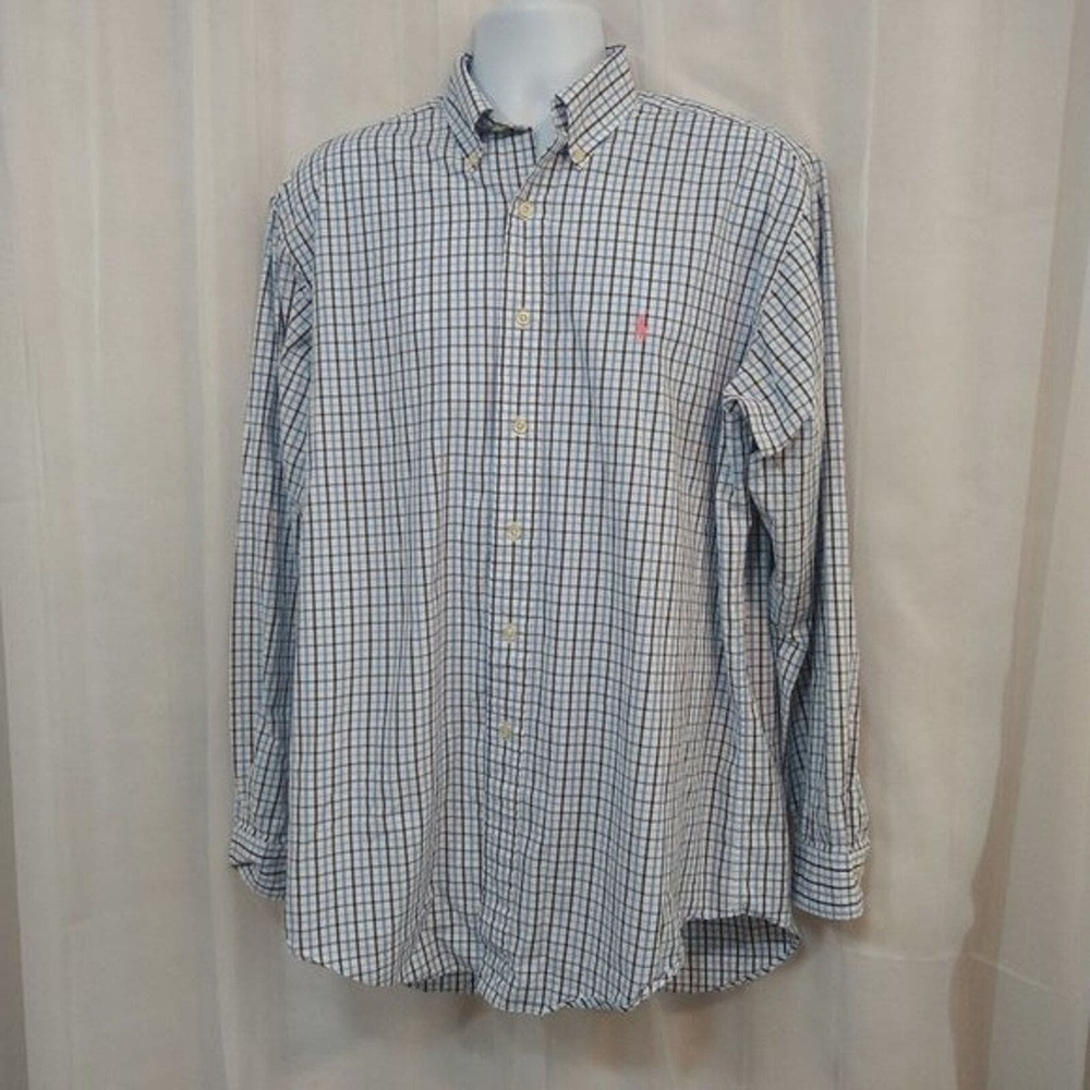 Ralph Lauren Shirt Mens Size 16 34/35 Blue Check Classic Fit Cotton‎